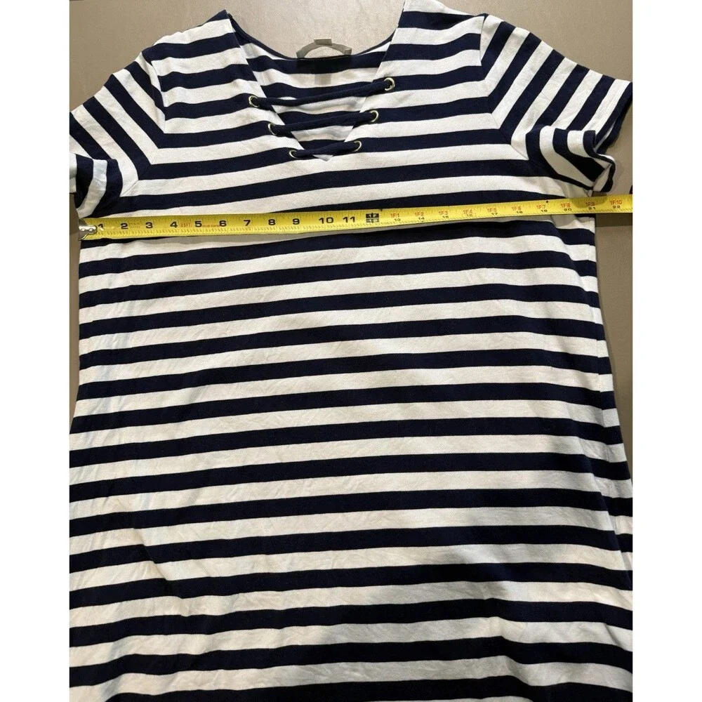 MICHAEL KORS Nautical Women’s 1X Blue & White Striped Dress Short Sleeve V Neck
